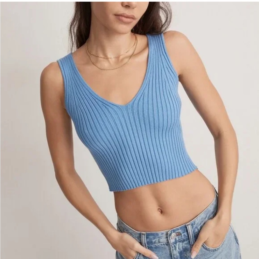 Madewell Blue Ribbed V-Neck Knit Top